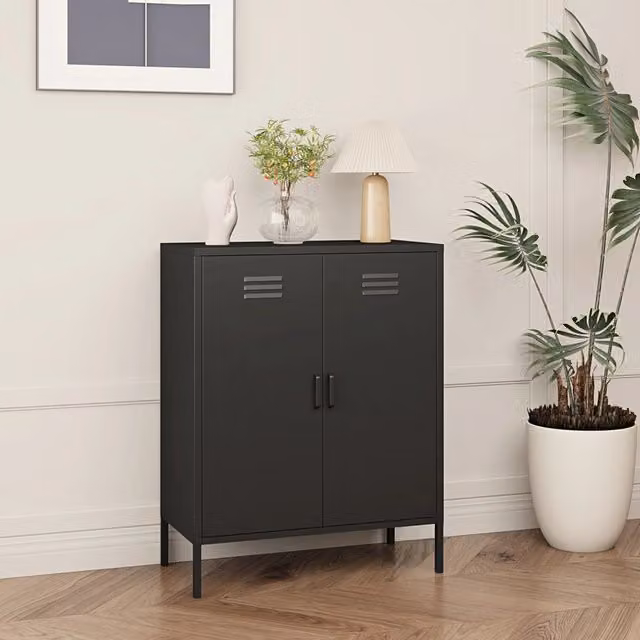 Armadio da ufficio Pyhäranta en.casa in acciaio con ante a battente e ripiani regolabili, Nero opaco, L: 80 cm, P: 40 cm, H: 101,5 cm
