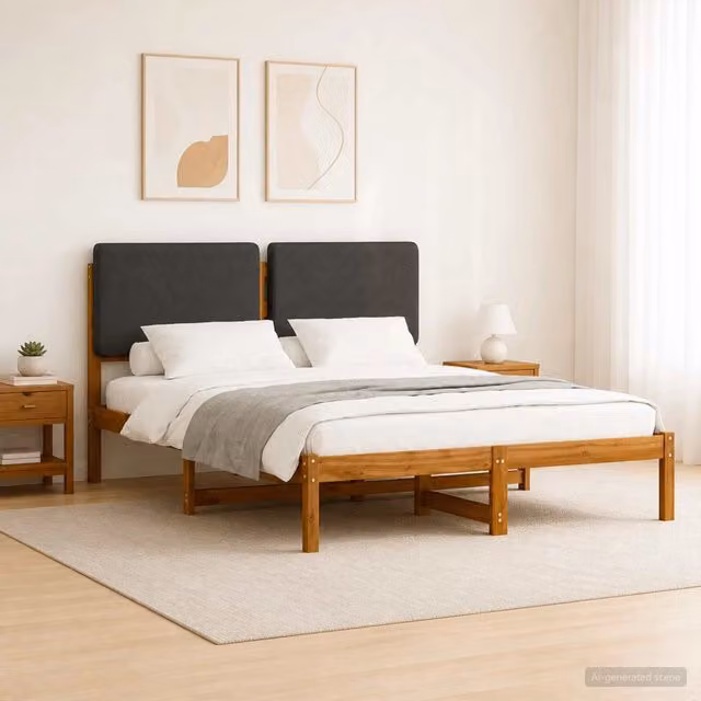 Letto moderno vidaXL in legno di acacia con testiera rivestita in tessuto beige e grigio, L/P/H: 126 x 200 x 85 cm