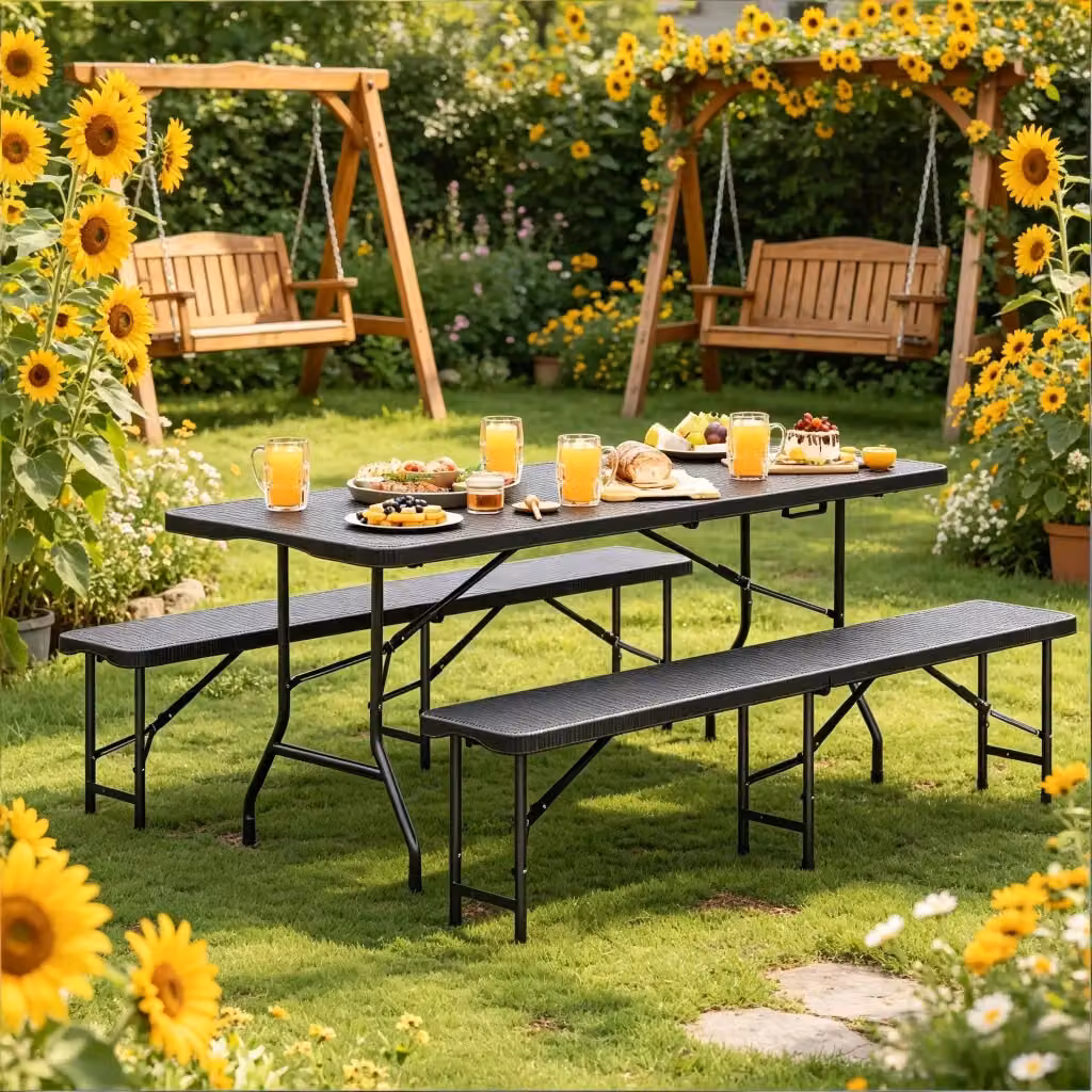 Set birreria pieghevole da esterno WISHDOR con tavolo da 180 cm e 2 panche, nero – 2