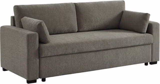 Divano letto moderno Sweeek a 3 posti in tessuto con cuscini inclusi, grigio o beige, L: 211 cm, P: 86 cm, H: 90 cm