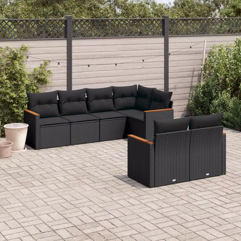 vidaXL Set Divani da Giardino a L con 7 Cuscini Neri in Polyrattan e Acciaio