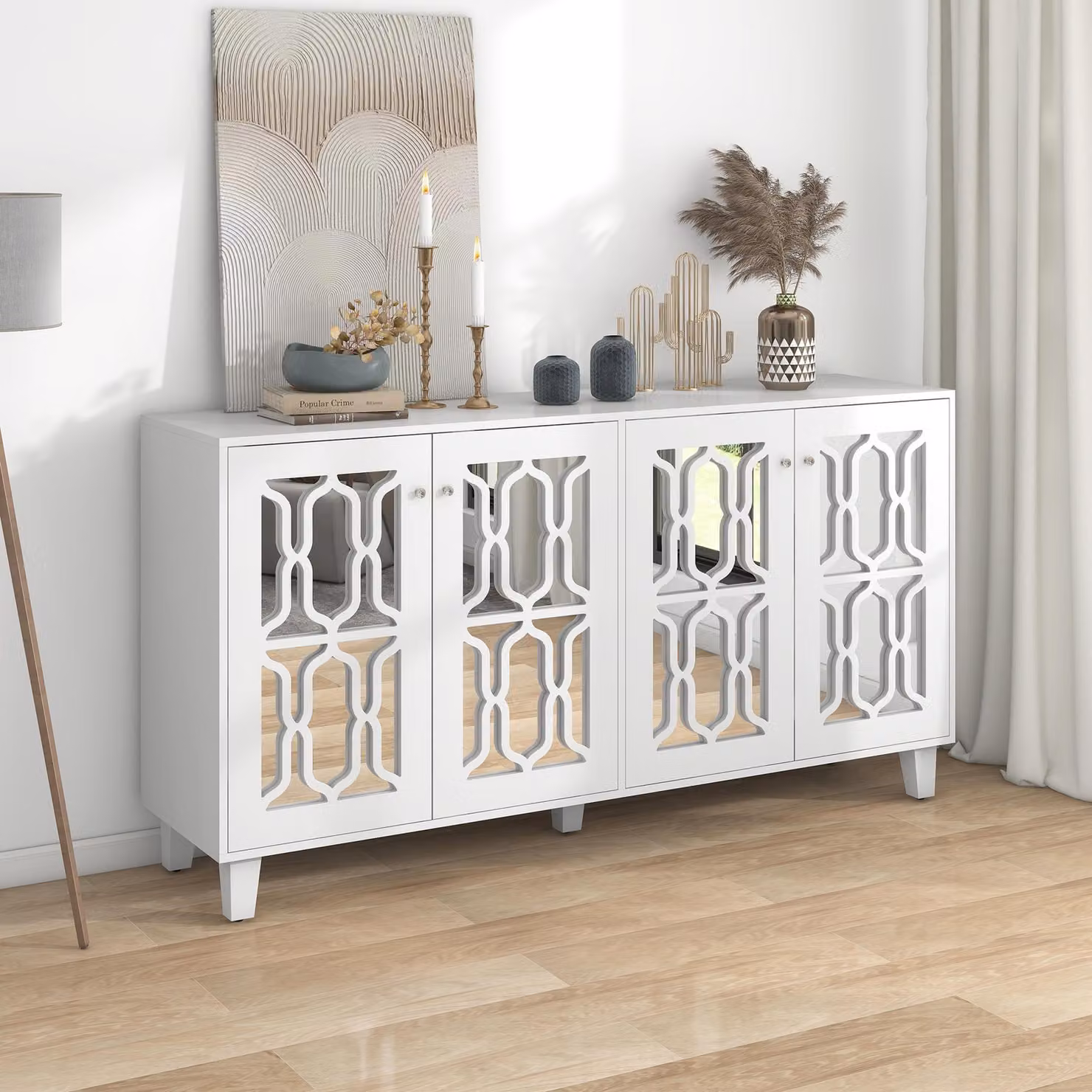 Mobile a specchio con 4 ante, divisori rimovibili, buffet per cucina e sala da pranzo, bianco