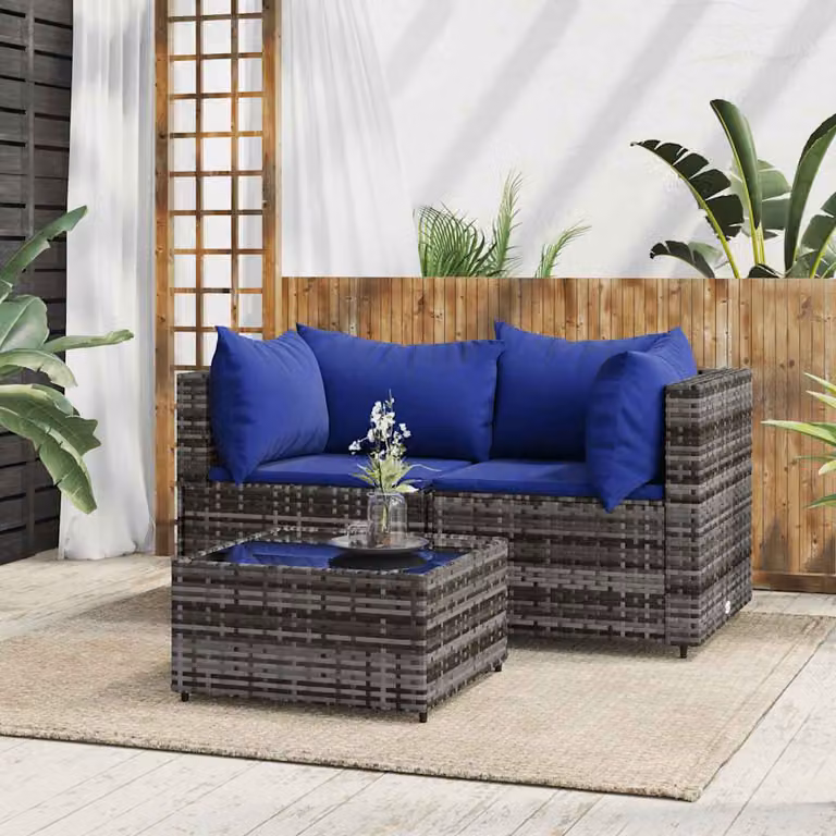 Set da giardino moderno vidaXL composto da divano a 2 posti, elemento angolare, tavolino da caffè e cuscini in blu e grigio con struttura in metallo e rattan