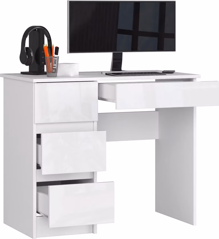BDW scrivania da ufficio con 4 cassetti, scrivania da gioco, bianco lucido sinistro