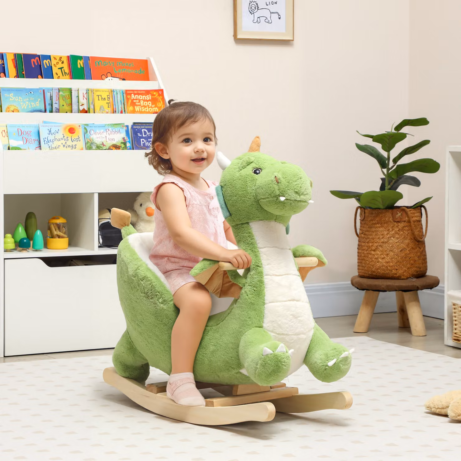 AIYAPLAY Drago a Dondolo in Peluche con Suoni e Base in Legno, Verde, per bambini 18-36 mesi – 2