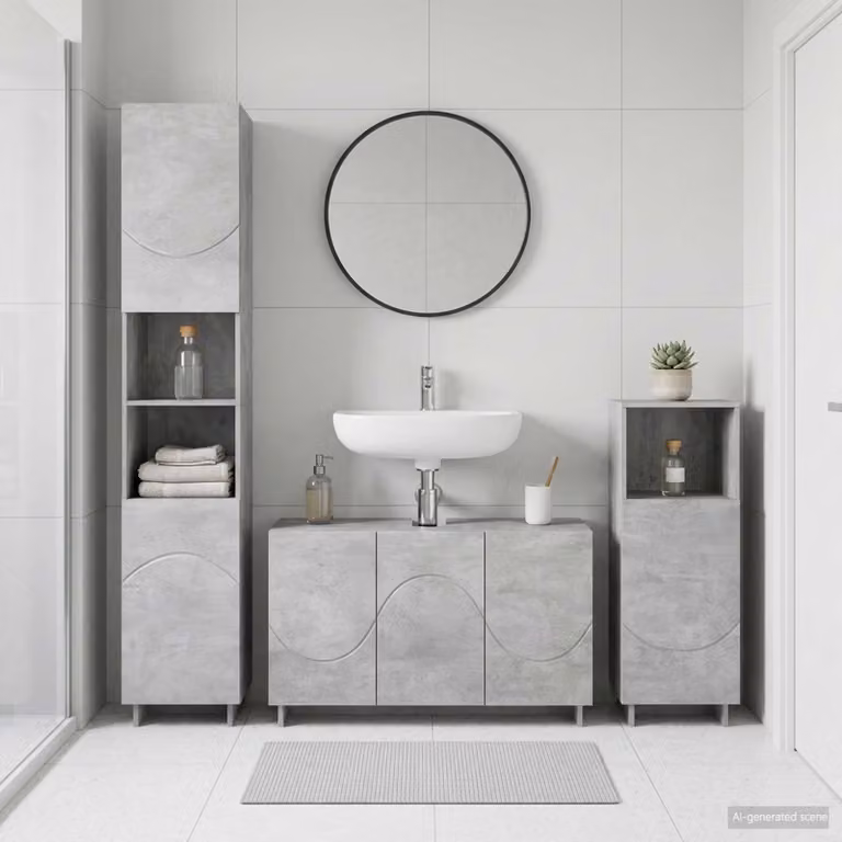Set di mobili da bagno moderno vidaXL in 3 pezzi colore grigio con vanità, colonna alta e mobile laterale in MDF
