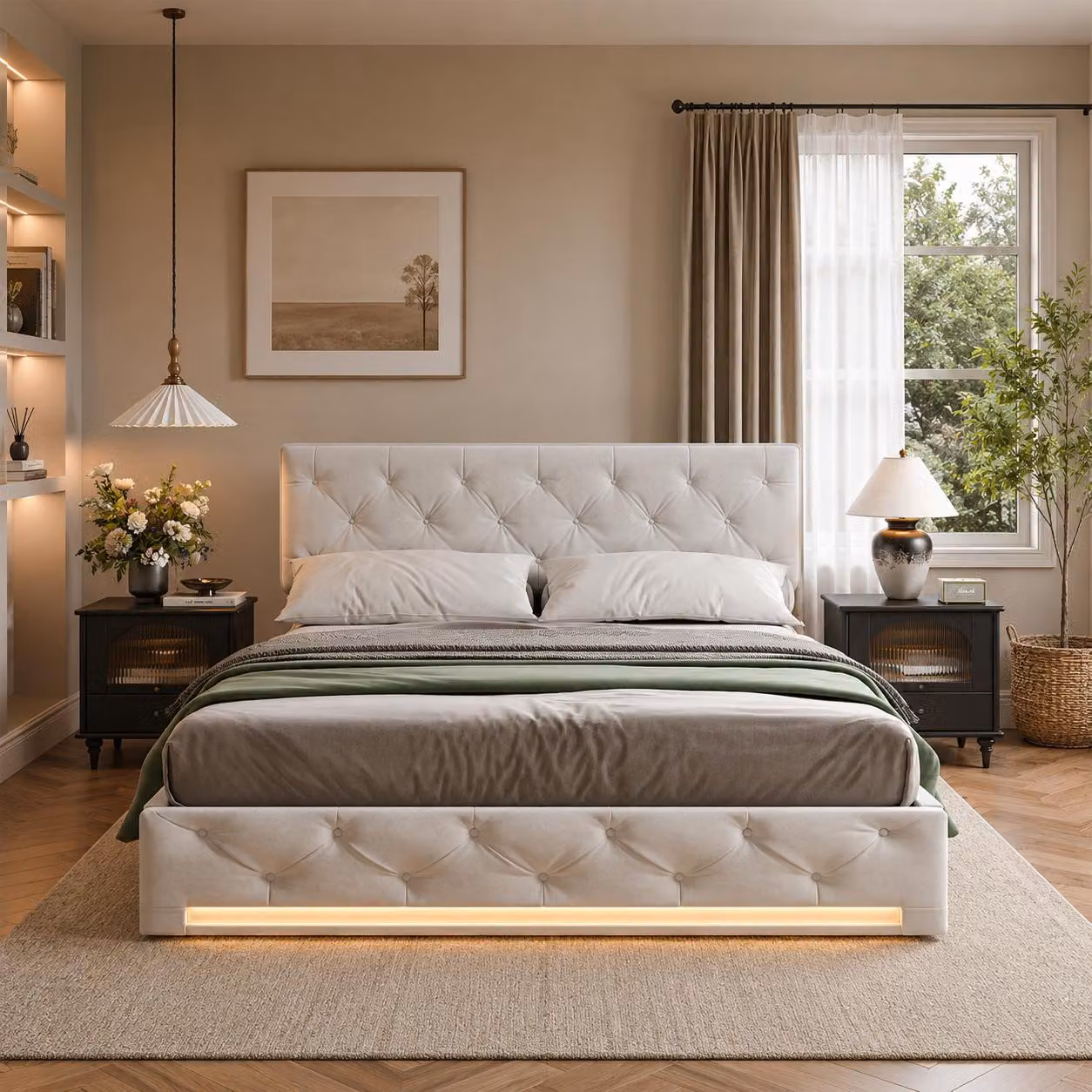 Letto imbottito INONEFT, 140x200 cm, con sistema di sollevamento idraulico e illuminazione LED, letto per ragazzi con poggiatesta regolabile, color lino, beige, senza materasso