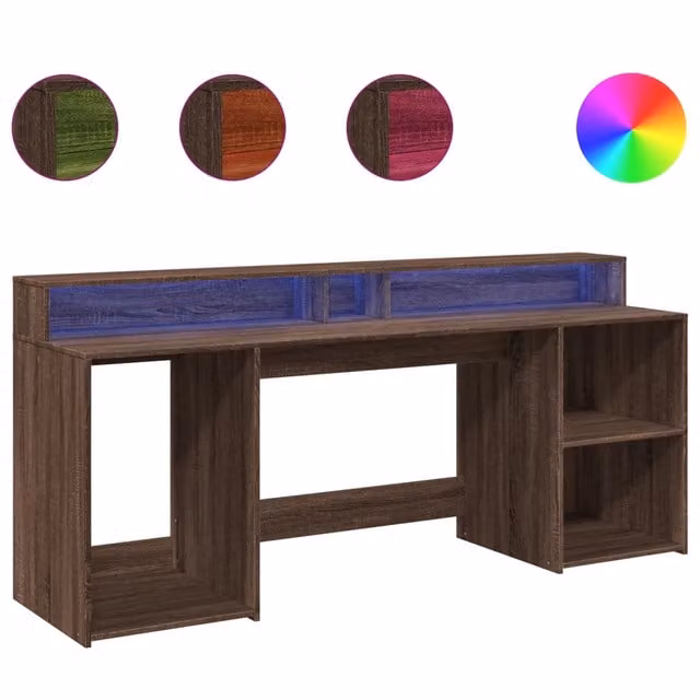 Scrivania | Tavolo da Ufficio con Luci LED Marrone Rovere 200x55x91 cm Truciolato