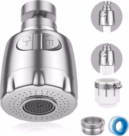 Ugello a risparmio idrico per cucina e bagno con testa di spruzzo girevole a 360 gradi, 2 modalità di funzionamento