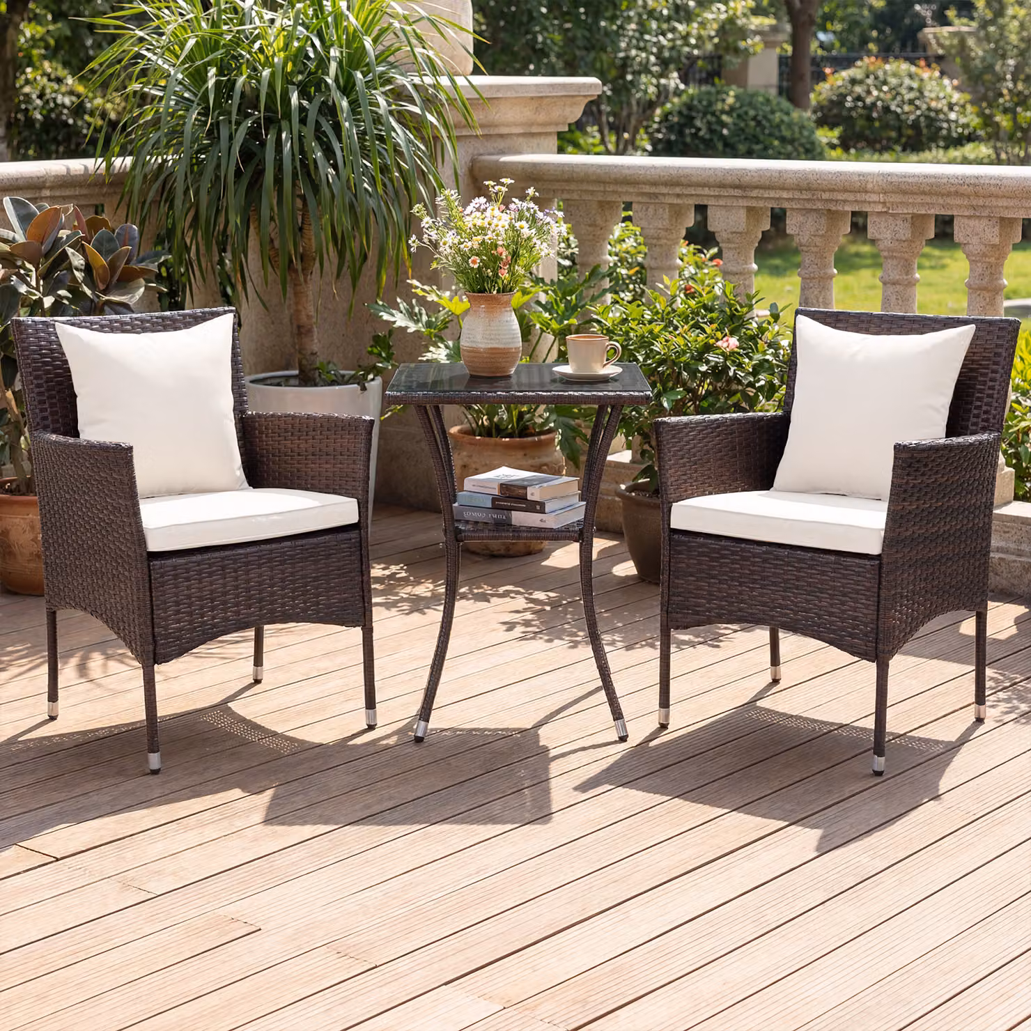 Set da bistrò da esterno Costway in rattan con 2 sedie e cuscini, colore beige, ideale per giardino e veranda