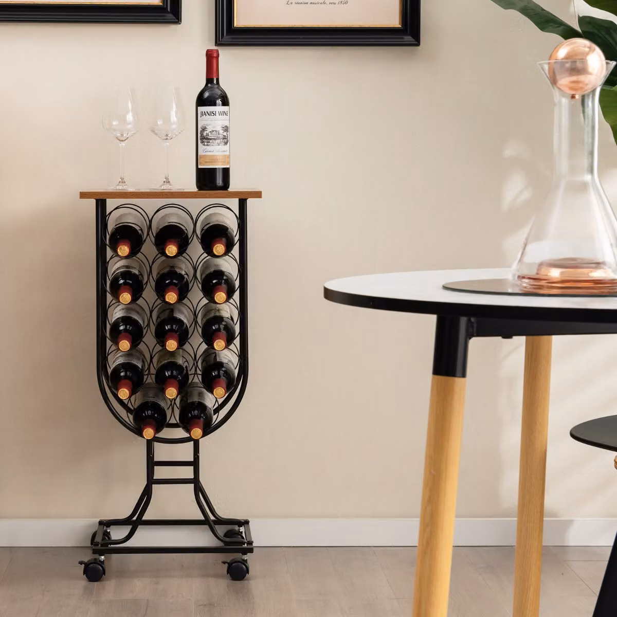 Costway Mobile porta vino in metallo nero con ruote staccabili e bloccabili in stile industriale