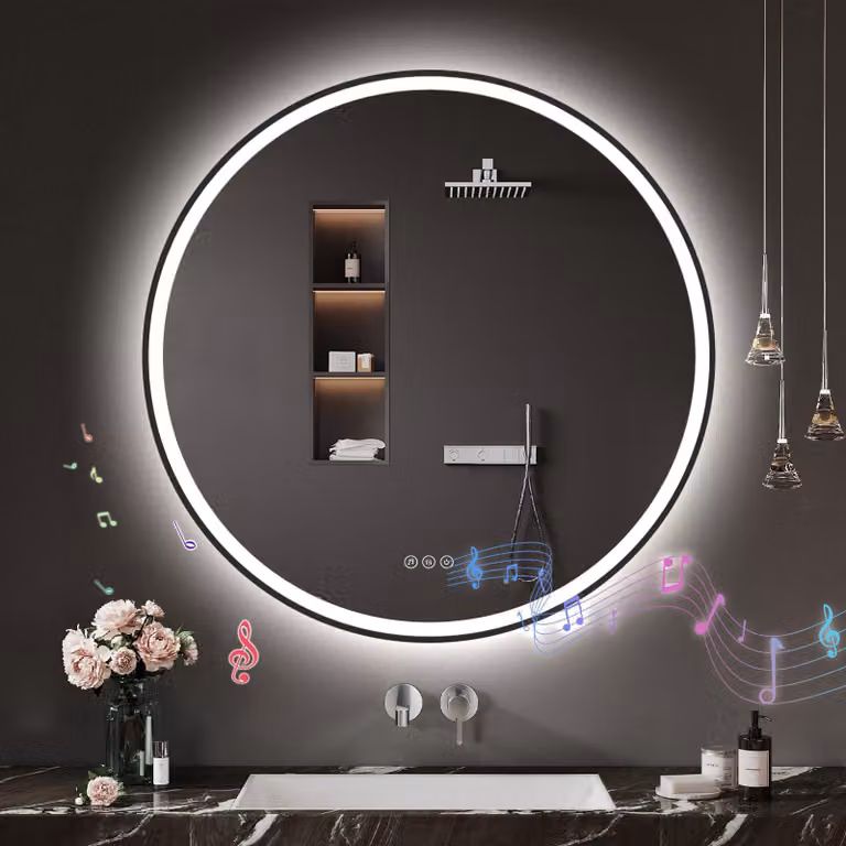 Specchio da bagno a LED, forma rotonda, 80x80 cm, con Bluetooth, funzione antiappannamento, controllo touch e dimmerabile