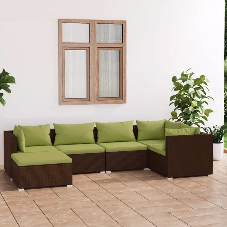 The Living Store Set da giardino da 6 pezzi con cuscini in poly rattan marrone