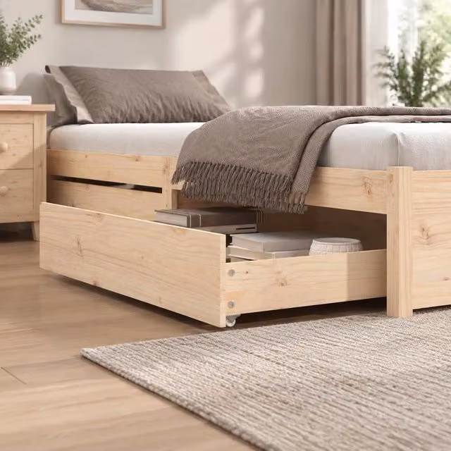 Bed Drawers, 2 Pieces, Solid Pine Wood