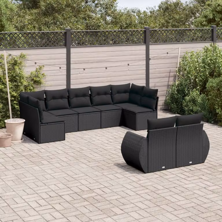 Set di divani da giardino vidaXL in polyrattan nero con 9 pezzi e cuscini inclusi