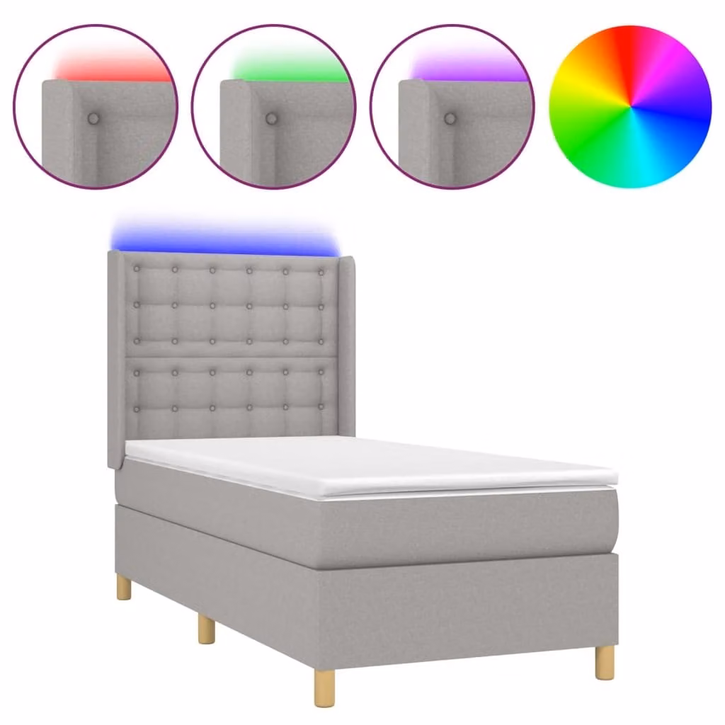 Letto a Molle Materasso e LED Grigio Chiaro 90x190 cm Tessuto