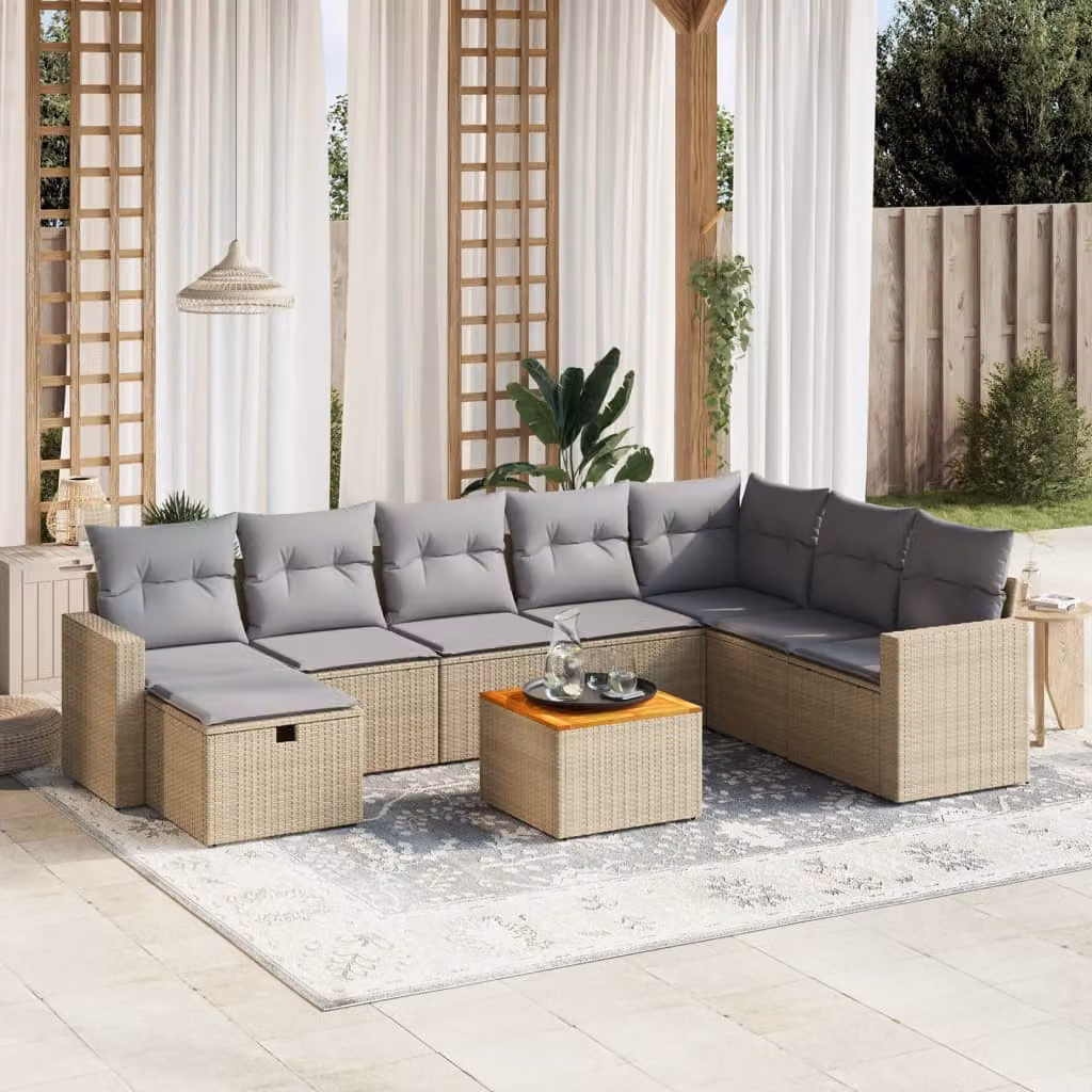 vidaXL Set Divano da Giardino a L 9 pz con Cuscini Beige e Grigio in Polyrattan e Acciaio – 1
