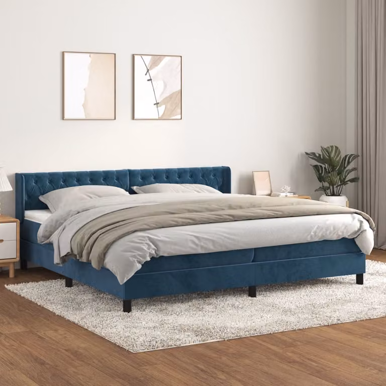 The Living Store Letto a molle con materasso blu scuro 200x200 cm in velluto