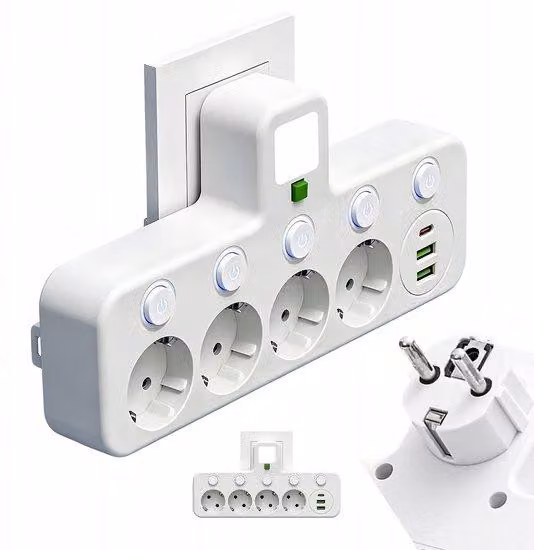 Presa di corrente - 4 prese e USB-C - 2500 W, 10 A - Prese singole - Lampada da comodino - Materiale sicuro per PC - Per casa, ufficio e camera da letto