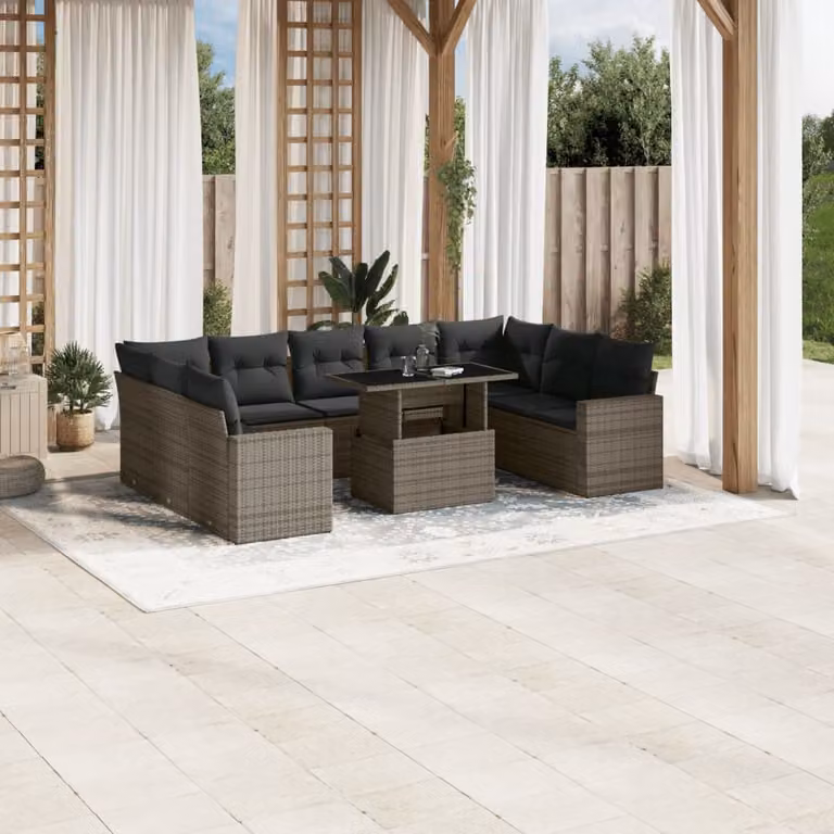 vidaXL Set Divano da Giardino 10 pz a Forma a L in Polyrattan Grigio con Cuscini e Tavolino