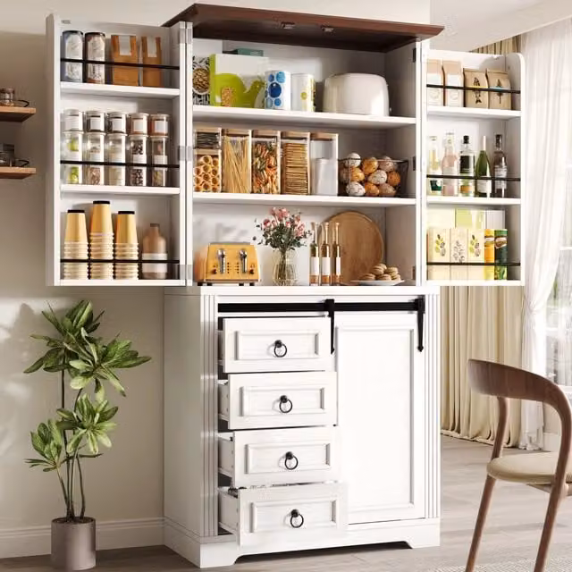 Colonna da cucina con 4 cassetti, ripiani regolabili e soft-close, mensola laterale, per cucina, bianco, 80 × 39,8 × 180 cm