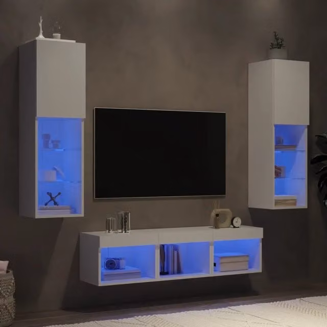 Mobili TV a Muro con LED 5 pz-Credenza per TV sospesa Bianchi in Legno Multistrato 381056