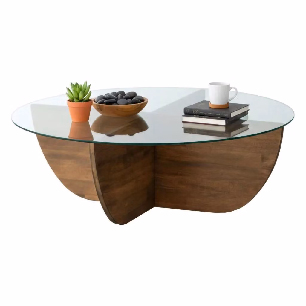 Tavolino da salotto rotondo DMORA Jolanda con piano in vetro trasparente e struttura in legno marrone, L: 90 cm, P: 90 cm, H: 30 cm – 2
