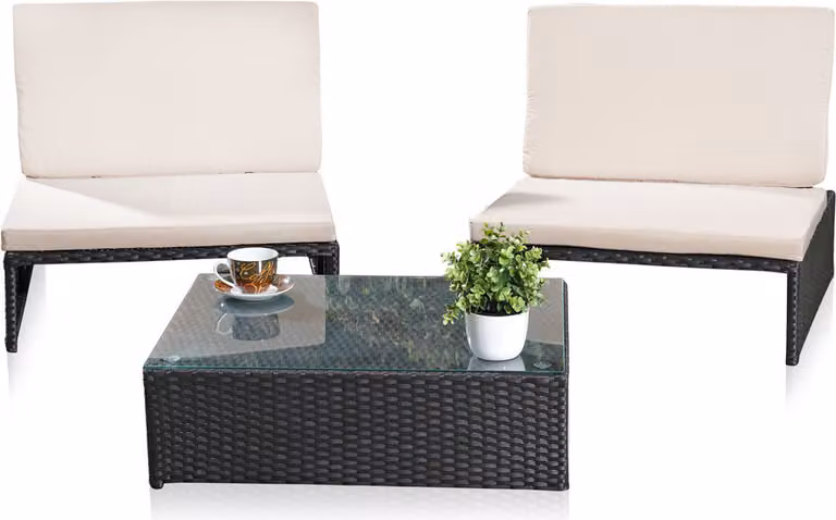 Set lounge in polyrattan 2 poltrone e tavolo nero resistente alle intemperie Set da giardino