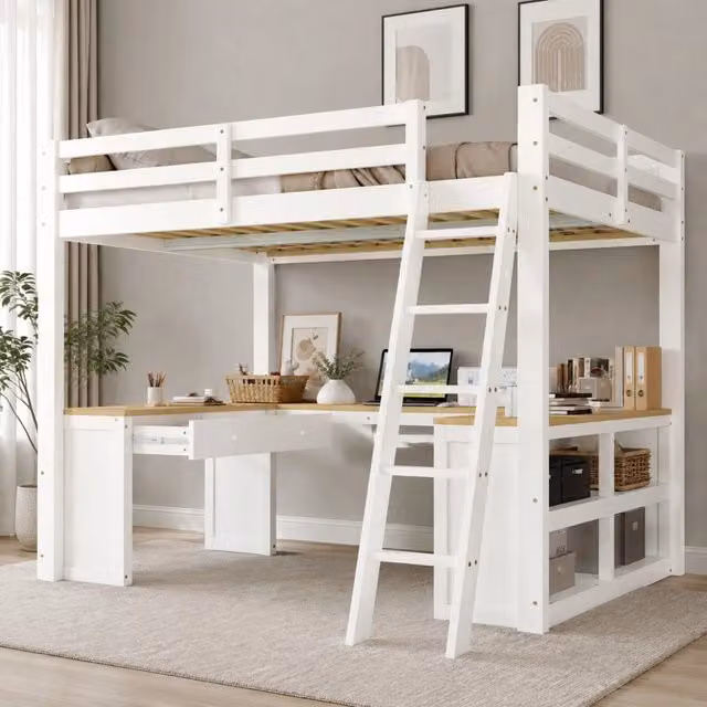 Letto a soppalco per bambini 140x200 cm bianco naturale con scrivania e cassetti