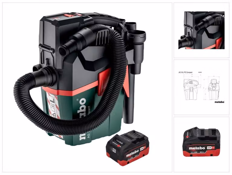 Metabo AS 18 L PC Aspirapolvere compatto a batteria 18 V 6 l IPX4 classe di polvere L bagnato e asciutto + 1x batteria ricaricabile 8,0 Ah - senza caricabatterie