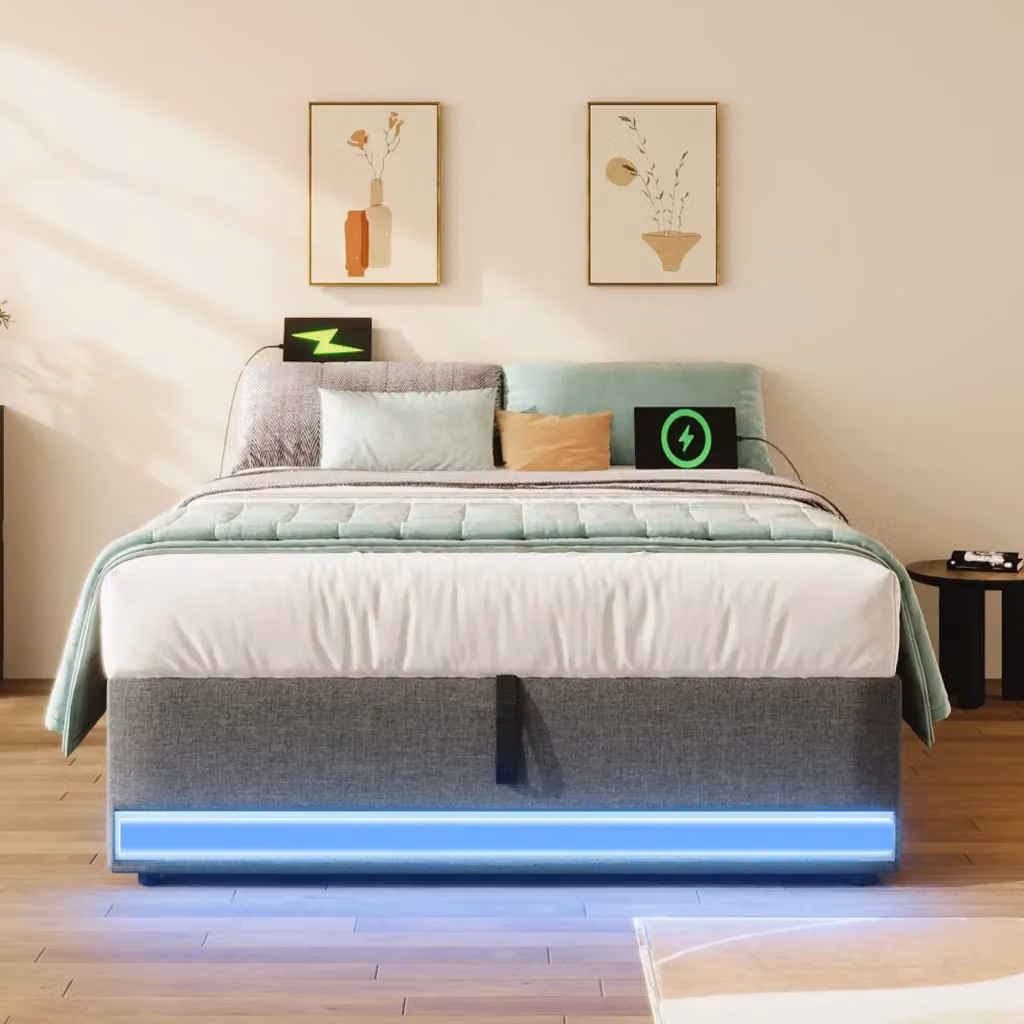 Letto singolo contenitore OKWISH con illuminazione LED, porte USB e USB-C, tasche laterali e base a sollevamento, grigio, L/P/H: 90 x 200 x 32 cm – 2
