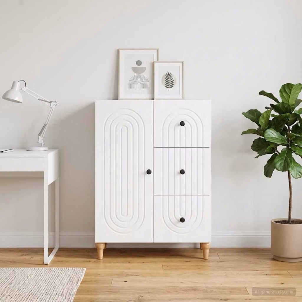 Credenza moderna vidaXL in legno ingegnerizzato e metallo, Bianco, L: 66 cm, P: 34,5 cm, H: 90 cm
