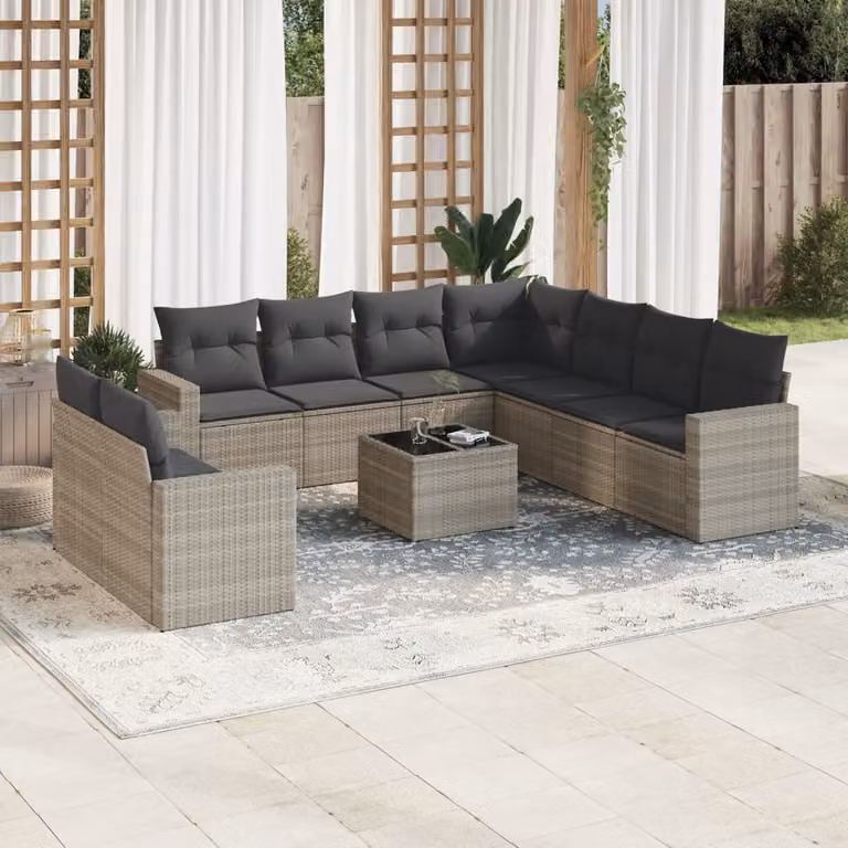 vidaXL Set Divano da Giardino 10 Pezzi in Polyrattan con Cuscini Grigio Chiaro