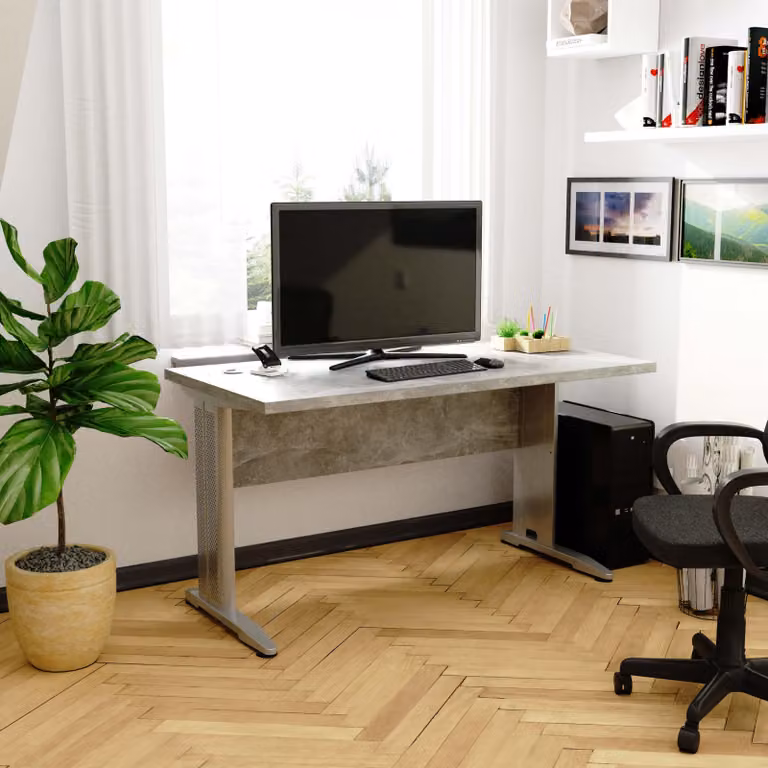 Scrivania 135x60 cm con gambe in metallo, ideale come scrivania per computer o per lavoro, con passacavo