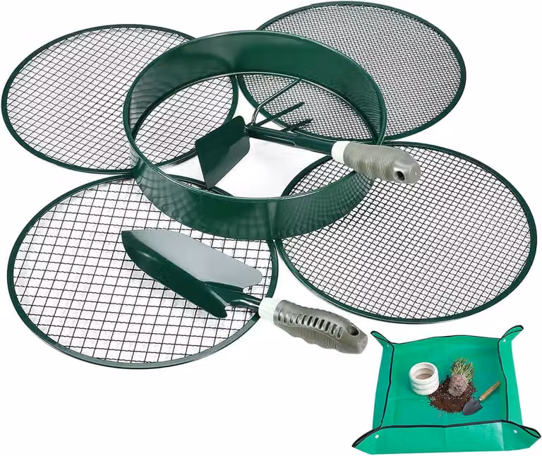 Setaccio da giardino 4 in 1, con 4 inserti di diverse dimensioni (12 mm / 9 mm / 6 mm / 3 mm), in acciaio inossidabile, completo di paletta e rastrello, ideale per l'uso in giardino