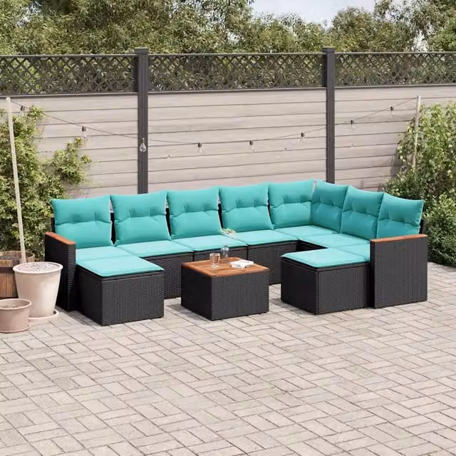 Set da giardino componibile vidaXL in polyrattan nero con cuscini e tavolino da esterno per terrazzo o balcone