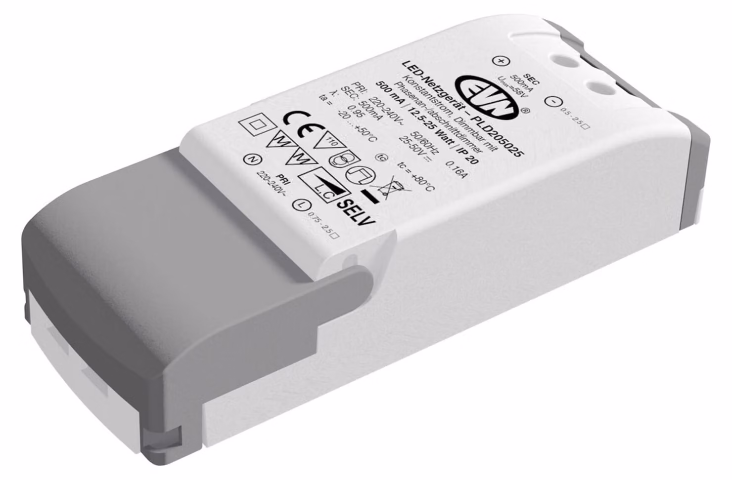 Alimentatore LED EVN PLD205025, 500mA, 12,5-25W, grado di protezione IP20