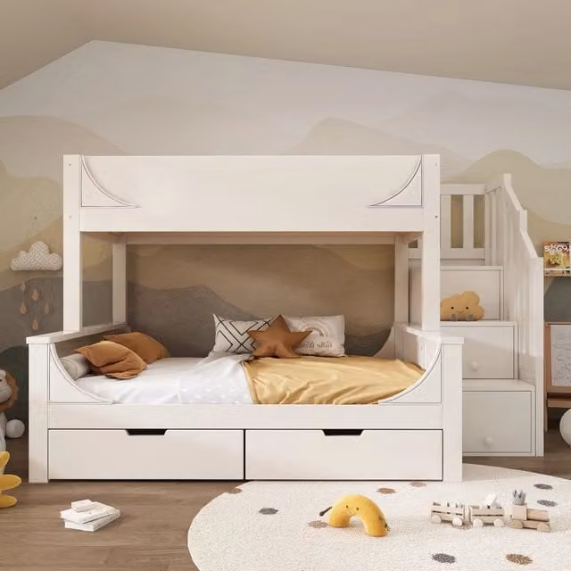 Letto a castello bianco per bambini con scala armadio; cassetti e letti 90x200/140x200 cm