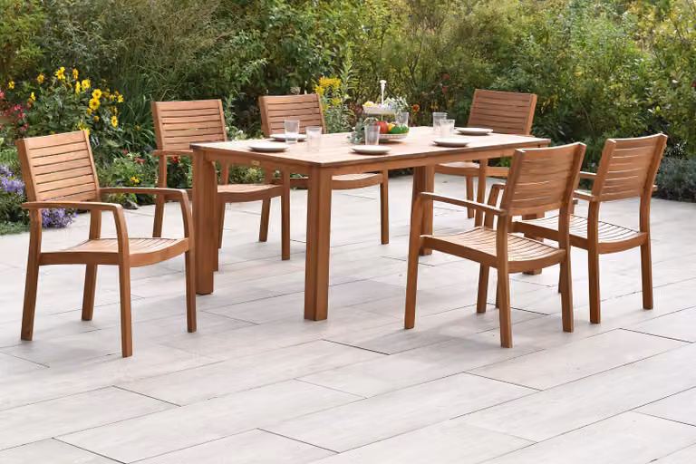 Set di mobili da giardino Merxx Batavia, 7 pezzi, 6 sedie impilabili, tavolo 185 x 90 cm – acacia