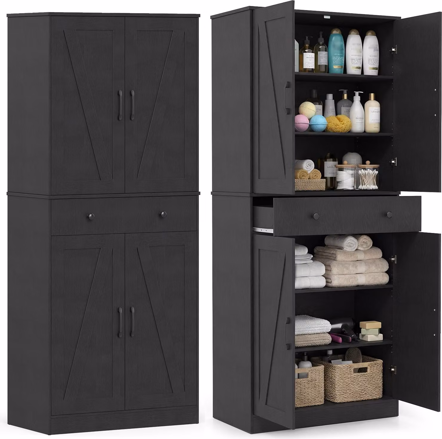 COSTWAY Armadio da cucina alto, 183 cm, dispensa con 4 ante, cassetto e 3 ripiani, armadio multiuso moderno, armadio alto, credenza, nero