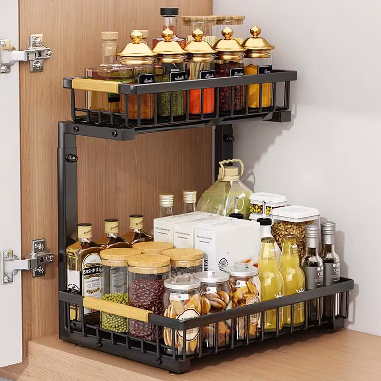 Organizzatore per sotto il lavello - Organizer per armadi a 2 livelli - Estraibile - Impermeabile - Acciaio - Versatile - Nero