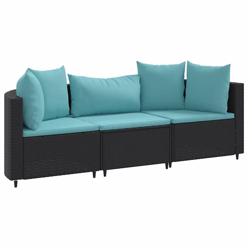 Set di divani da giardino vidaXL a forma di L composto da 3 pezzi con cuscini blu e struttura in metallo nero e rattan – 2