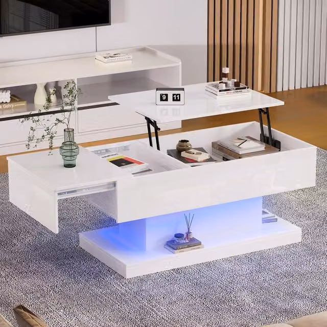 Tavolino da caffè MINIMAL con piano sollevabile e LED bianco L 100 cm, P 50 cm, H 45 cm