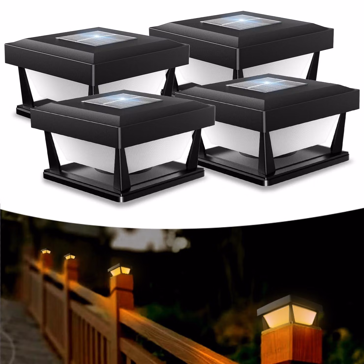 4 lampioni solari, grado di protezione IP65, luce bianco caldo, dimensioni 7-10 x 10 cm, montati su palo in legno