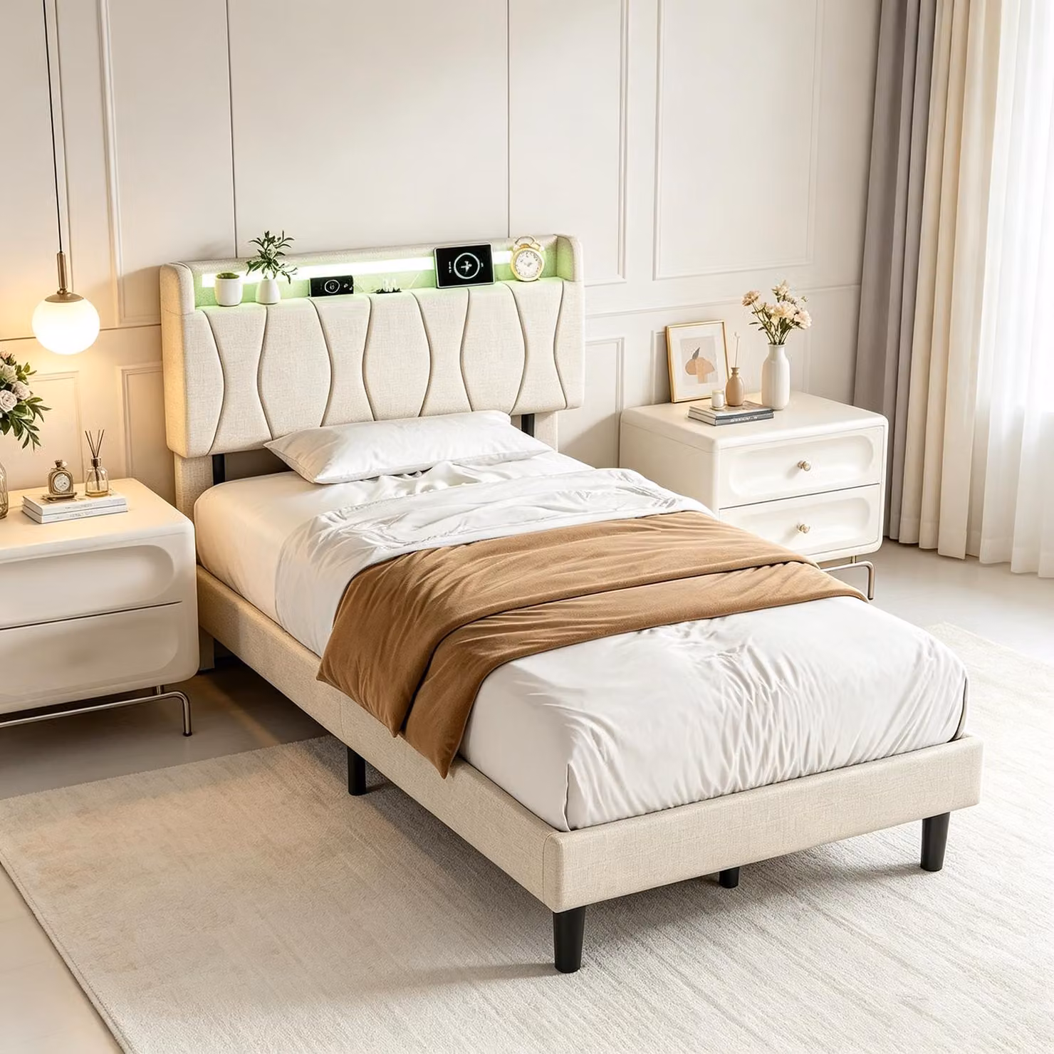 Letto imbottito con boxspring INONEFT, dimensioni 90x200, con luci LED e stazione di ricarica. Letto con spazio contenitore sotto la struttura, ideale per ragazzi. Struttura del letto con rete a doghe, colore beige, tessuto in lino