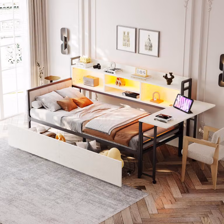 Divano letto 90 x 200 cm con illuminazione LED, 2 cassetti, vano portaoggetti, presa di corrente e scrivania estraibile, struttura in metallo, colore bianco/effetto legno