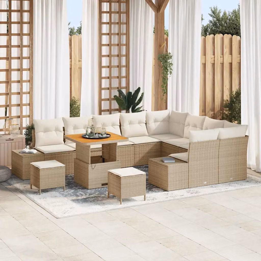 Set Divano da Giardino vidaXL a Forma di U con 12 Pezzi, Beige, con Cuscini e Tavolino da Caffè in Metallo e Legno di Acacia – 1