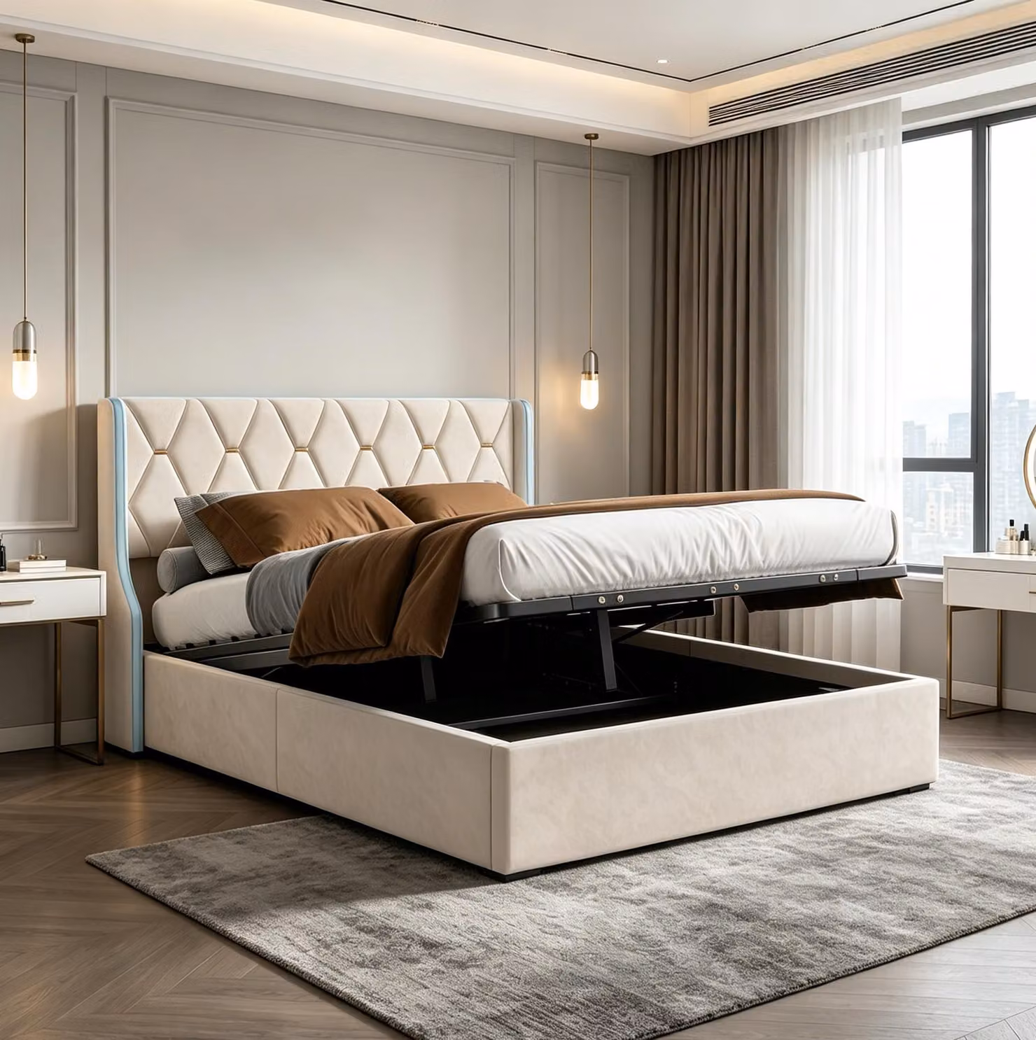 Letto imbottito INONEFT, 160 x 200 cm, letto per ragazzi con LED, letto matrimoniale con spazio contenitore, letto idraulico con cassettone per la camera da letto, in velluto, color beige