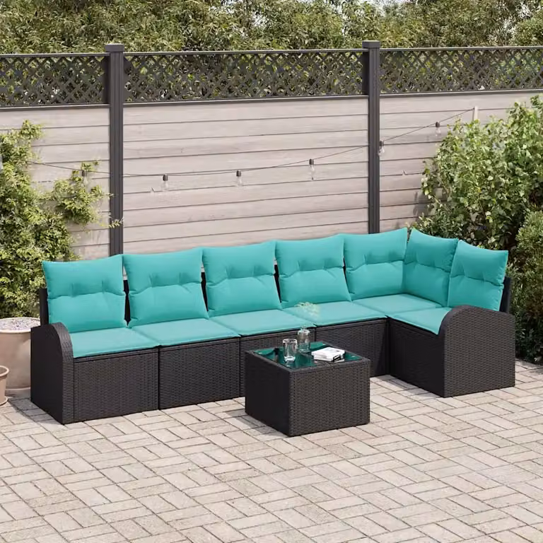 Set Divano da Giardino vidaXL 7 pz a Forma di L con Cuscini Nero e Turchese