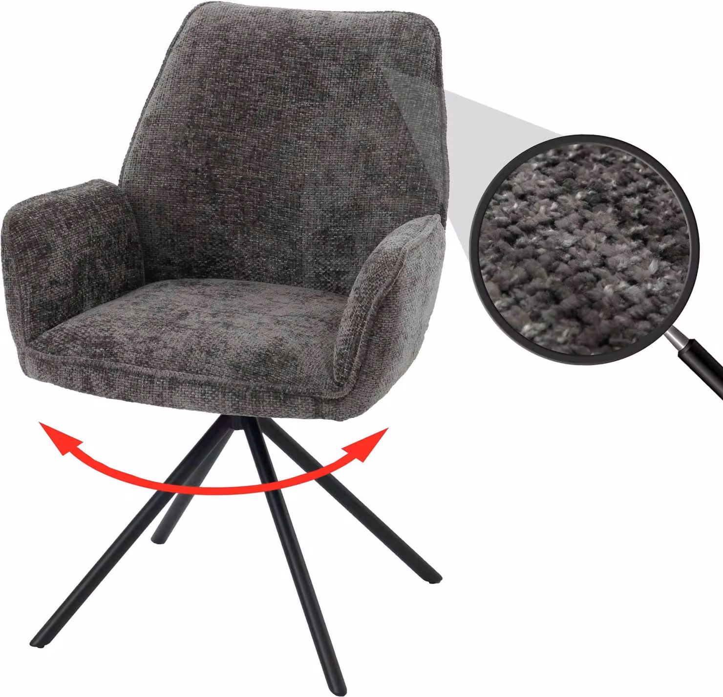 Sedia da pranzo HWC-G67, sedia da cucina, sedia con braccioli, girevole, con sistema di blocco automatico, in chenille certificata , color grigio scuro